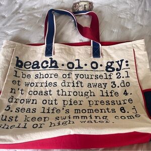 Canvas Beach Tote in Natural and Red with Navy Handles